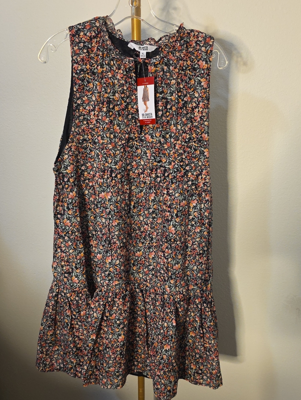 BB Dakota Black Floral Print Dress with Pink & Orange Accents